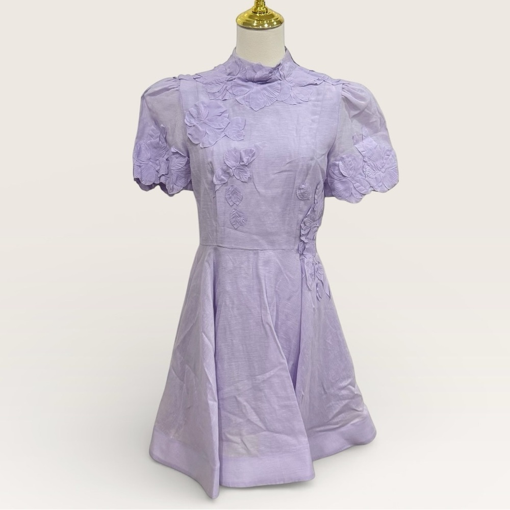 Antonio Melani Iris Linen Floral Appliqué Mockneck Mini Dress Lavender NWT $299 - Picture 4 of 13